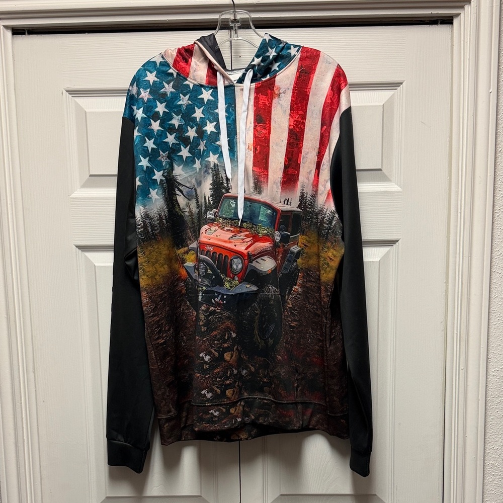 Men's Black Adventure Hoodie with American Flag and Jeep Design